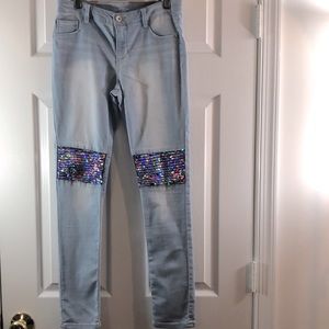 BACK TO SCHOOL Members Mark Light blue denim sequin knee patch jeans.